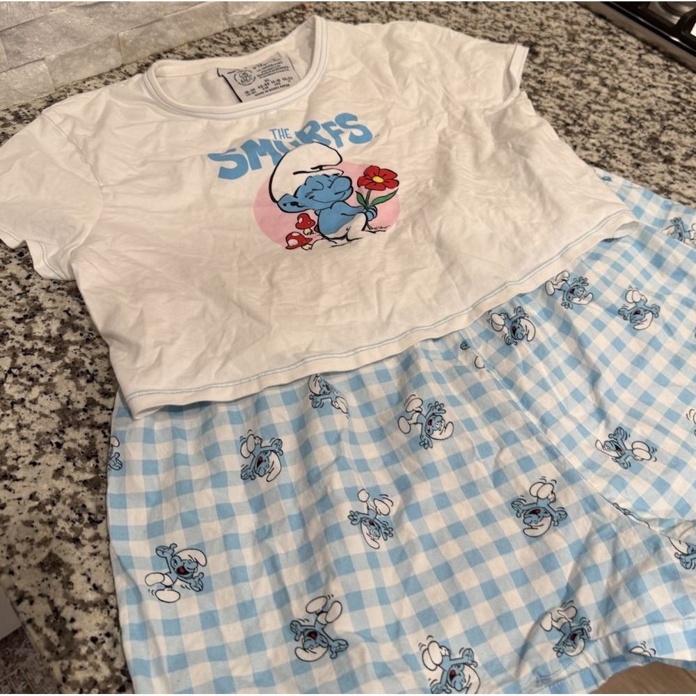 Smurfs Pajama Set XL Top L Shorts Blue Gingham Sleepwear Cartoon Lounge Set